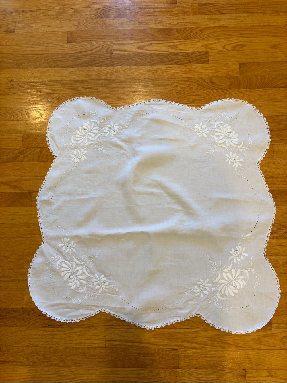 Beautiful Vintage White Embroidered Tablecloth, square shape,